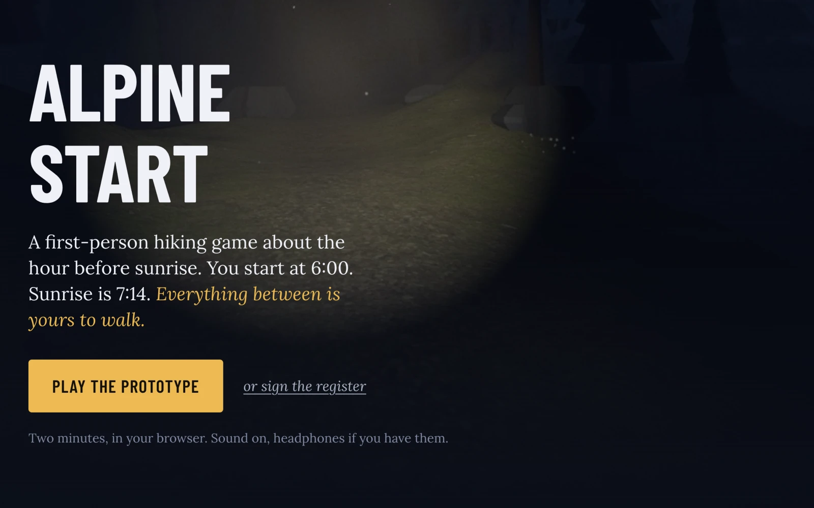 Screenshot of the Alpine landing page: a dark pre-dawn trail lit by a headlamp, the game title, and a Play the prototype button.
