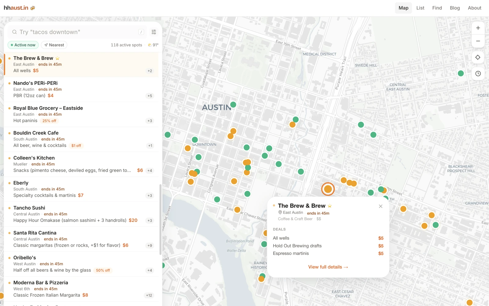Screenshot of hhaust.in: a map of downtown Austin with happy hour deals marked, a list of active specials, and a popup for The Brew and Brew showing five dollar wells.