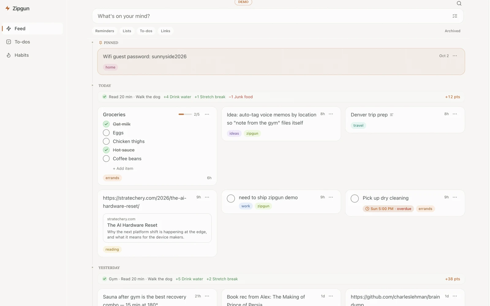 Screenshot of Zipgun: a feed of captured notes, links, to-do lists and habits grouped by day, with a capture box at the top.